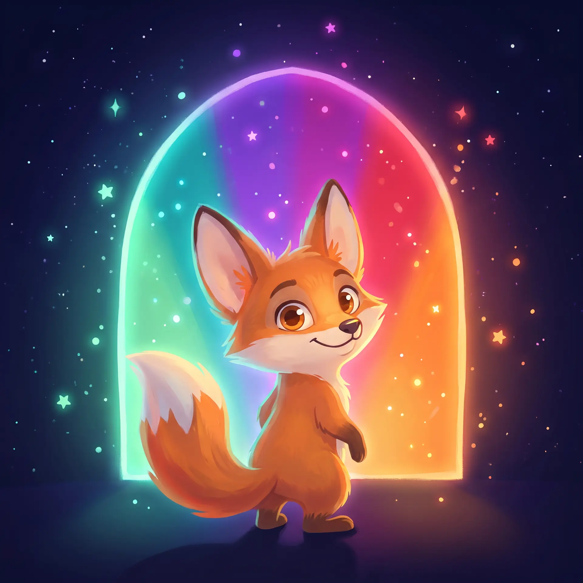 A glowing fox standing before a rainbow portal in a starry night