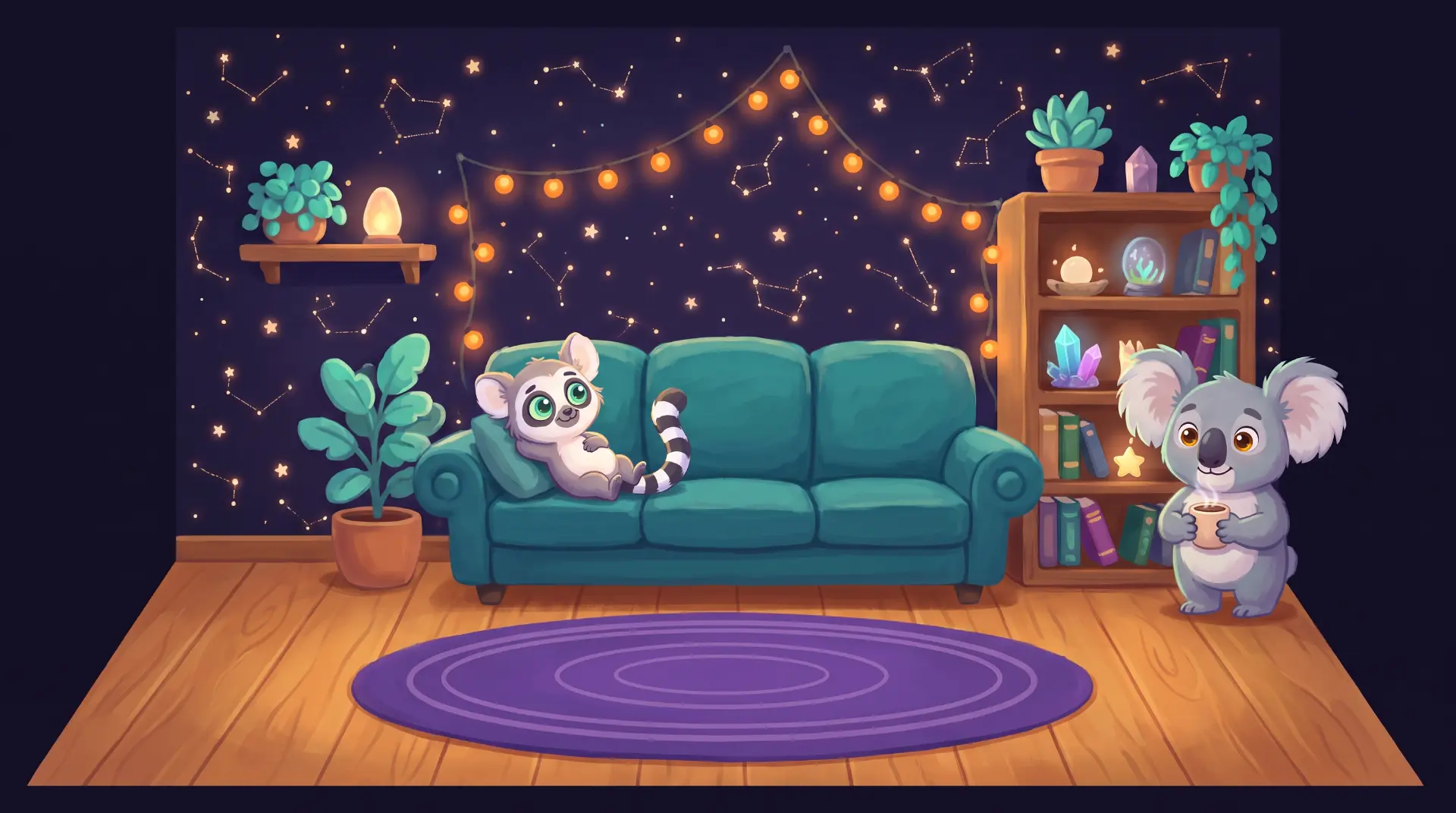 A cozy starlit living room with a lemur on the couch and a koala holding a mug